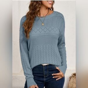 Fall Sweaters Casual Crewneck‎ Long Sleeve Crochet Pullover Sweater Lg
